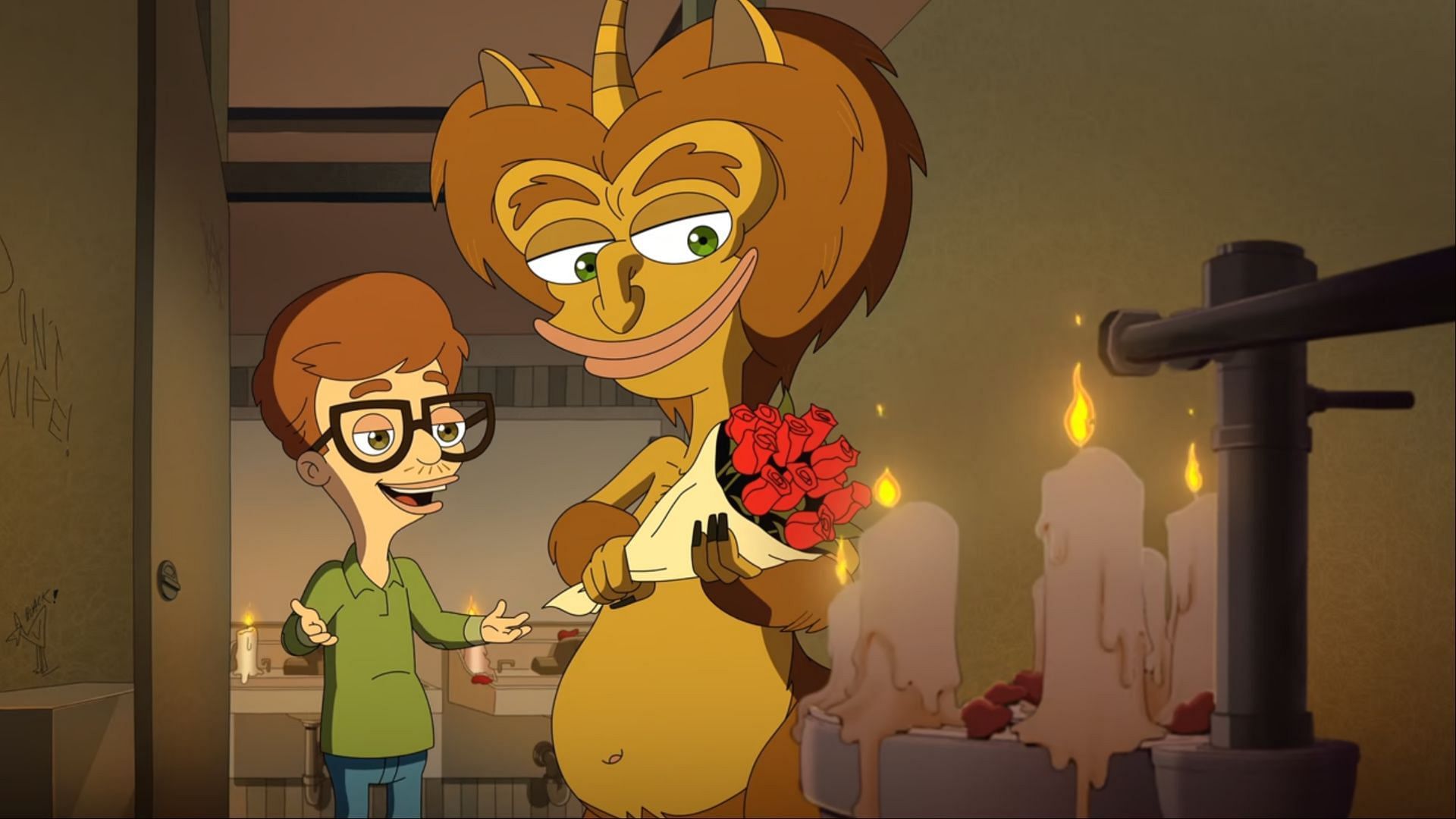 Andrew and Maury share a touching goodbye in their old bathroom stall, with roses and candles. (Image via Netflix)
